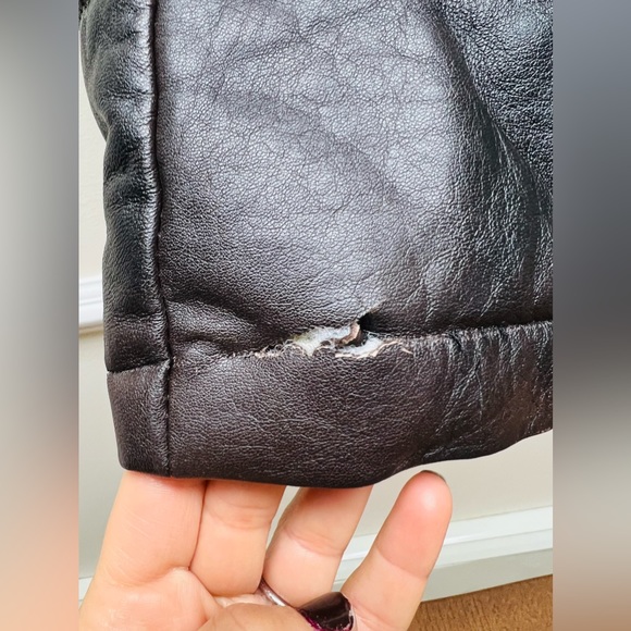 VINTAGE CHARLOTTE SOLNICKI LEATHER  COAT W/ Knit Elbow Patches And Pocket  XS - Picture 6 of 16